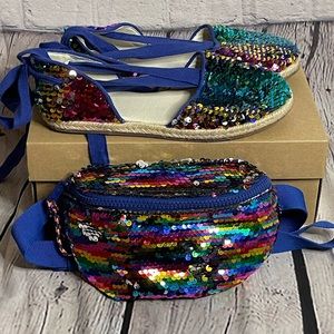 J CREW GIRLS’ SEQUIN ESPADRILLE SANDALS and matching J CREW Fannypack.